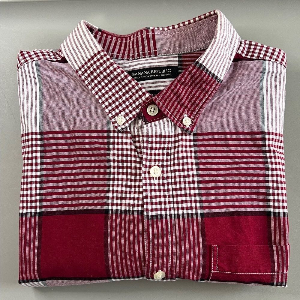 Banana Republic Grant Fit Stretch Oxford Button Down Red Plaid Size XL